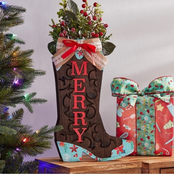 The Pioneer Woman Merry Wooden Boot Christmas Tabletop Decoration - Picture 2 of 6